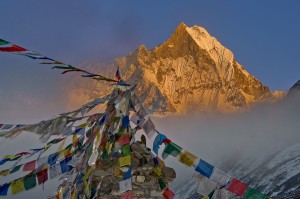 The last rays of sunset hit Machapuchare. Annapurna