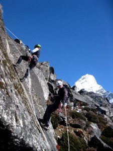 Abseiling pass the knotes 