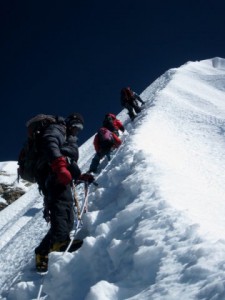 Climbing below the summit ridge on Ama